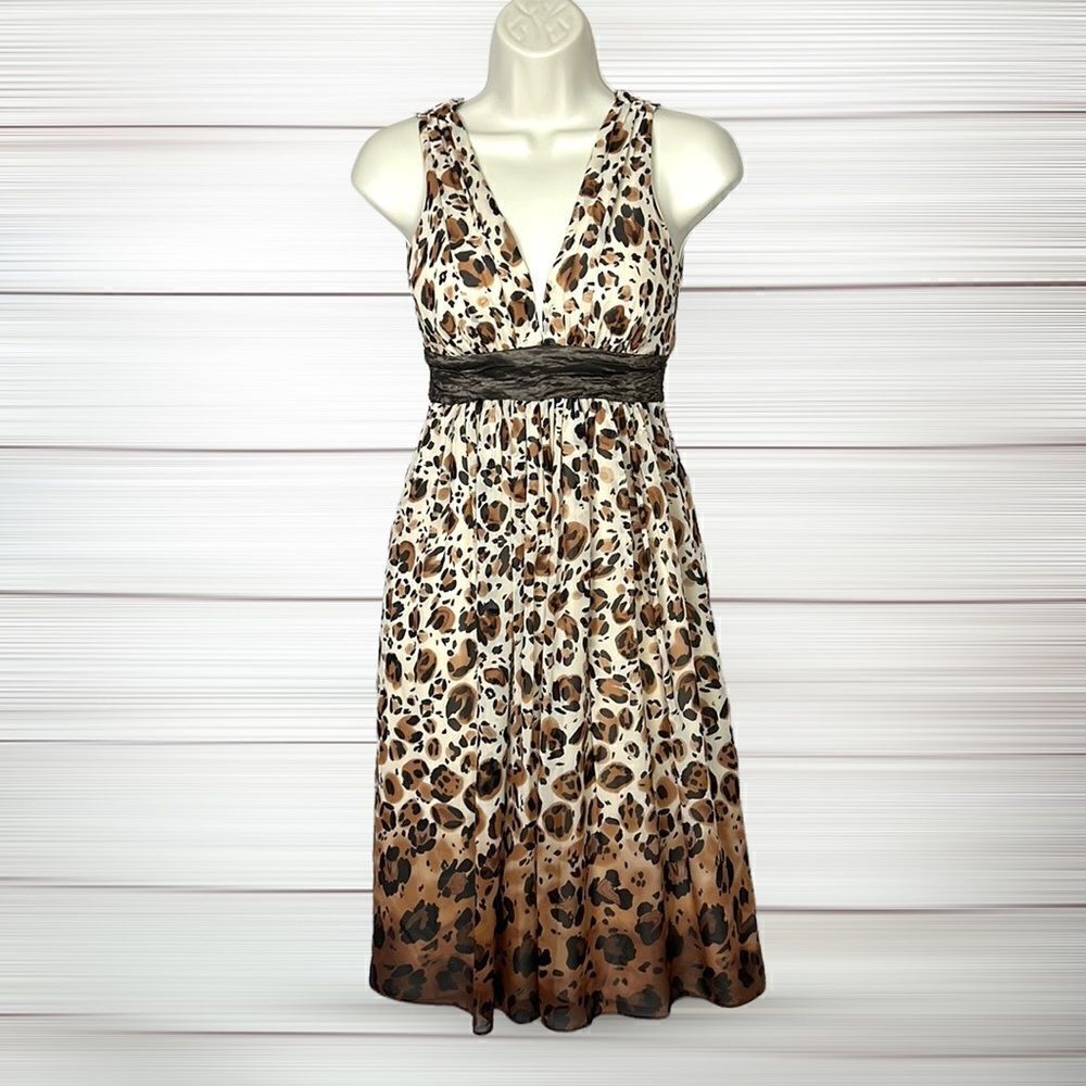 Nicole Miller Collection Silk Dress Empire Style Animal Print Deep V-Neck size 0